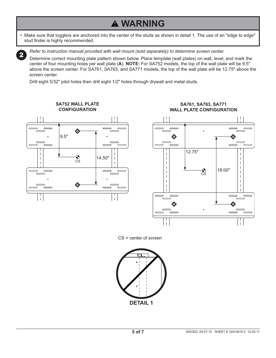 Warning | Peerless-AV WSP756 - Installation User Manual | Page 5 / 7