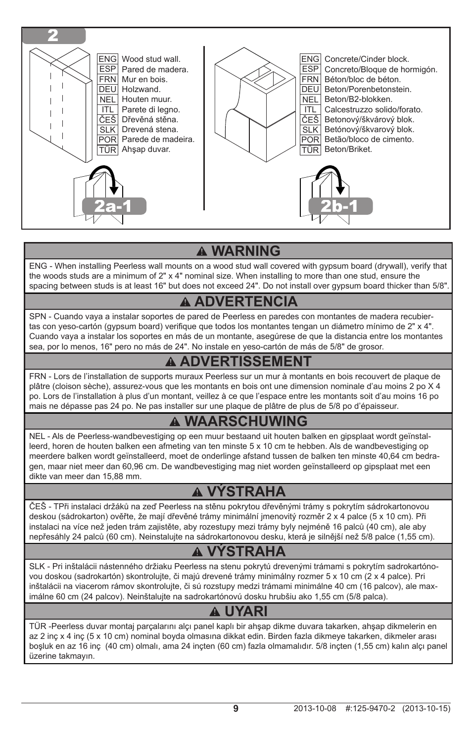 Výstraha, Advertencia, Waarschuwing | Advertissement, Uyari, Warning | Peerless-AV DS-MB647P - Installation User Manual | Page 9 / 24