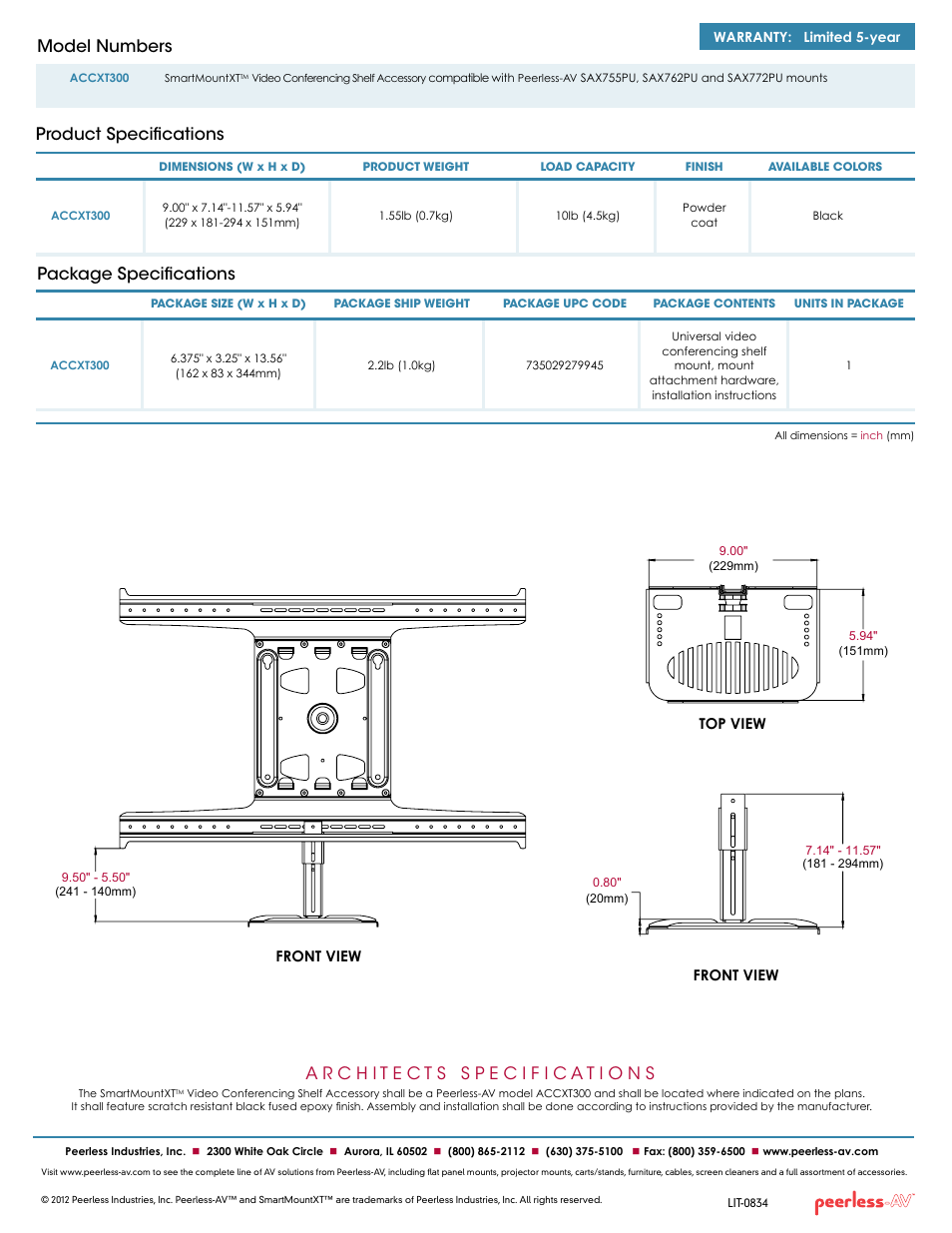 Package specifications, Product specifications model numbers | Peerless-AV ACCXT300  - Sell Sheet User Manual | Page 2 / 2