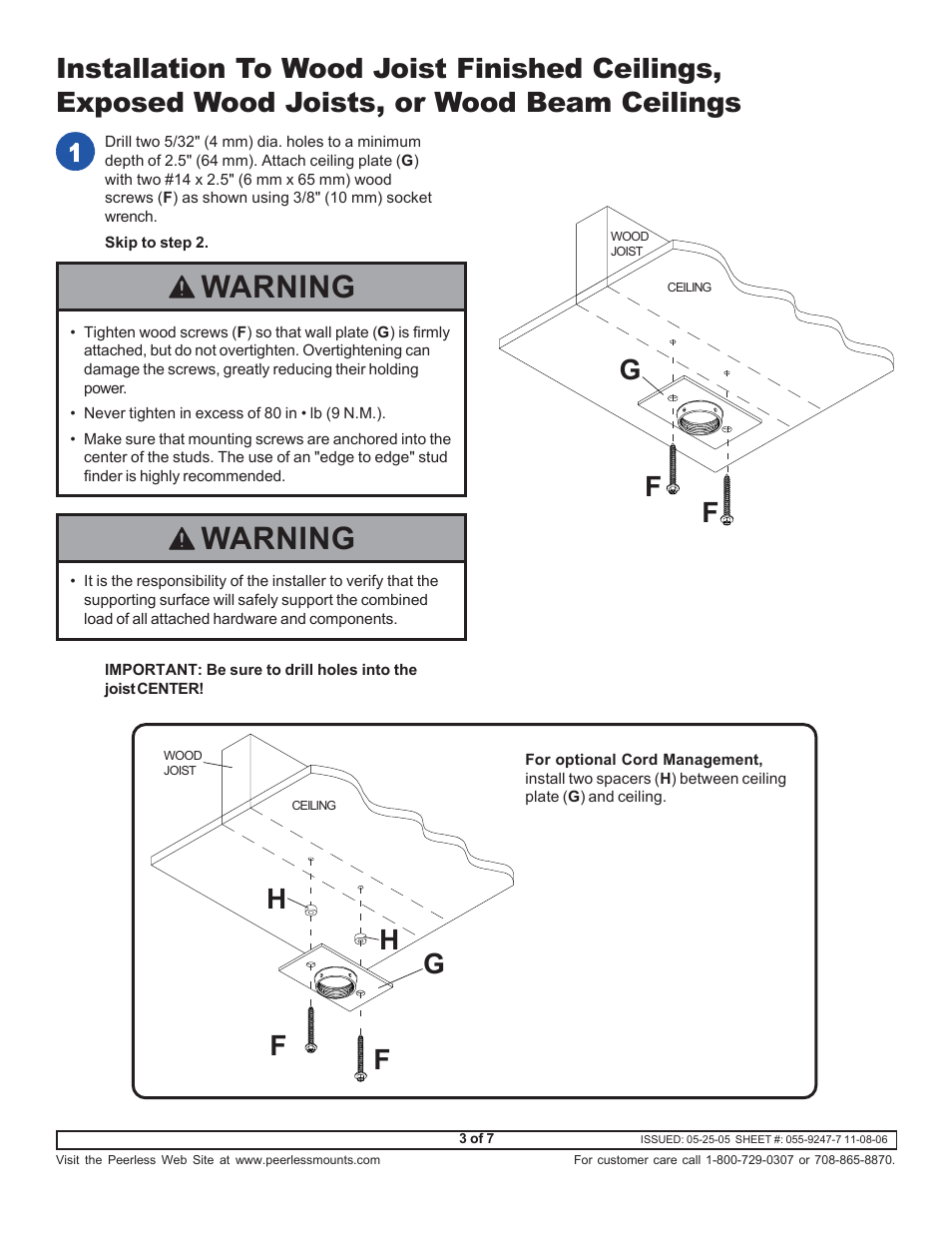 Warning, Fg h h | Peerless-AV PJF2-45 - Installation User Manual | Page 3 / 7