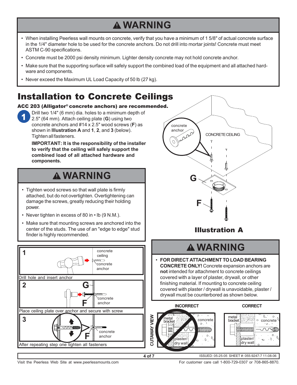 Warning, Installation to concrete ceilings, Illustration a | Peerless-AV PJF2-45 - Installation User Manual | Page 4 / 7