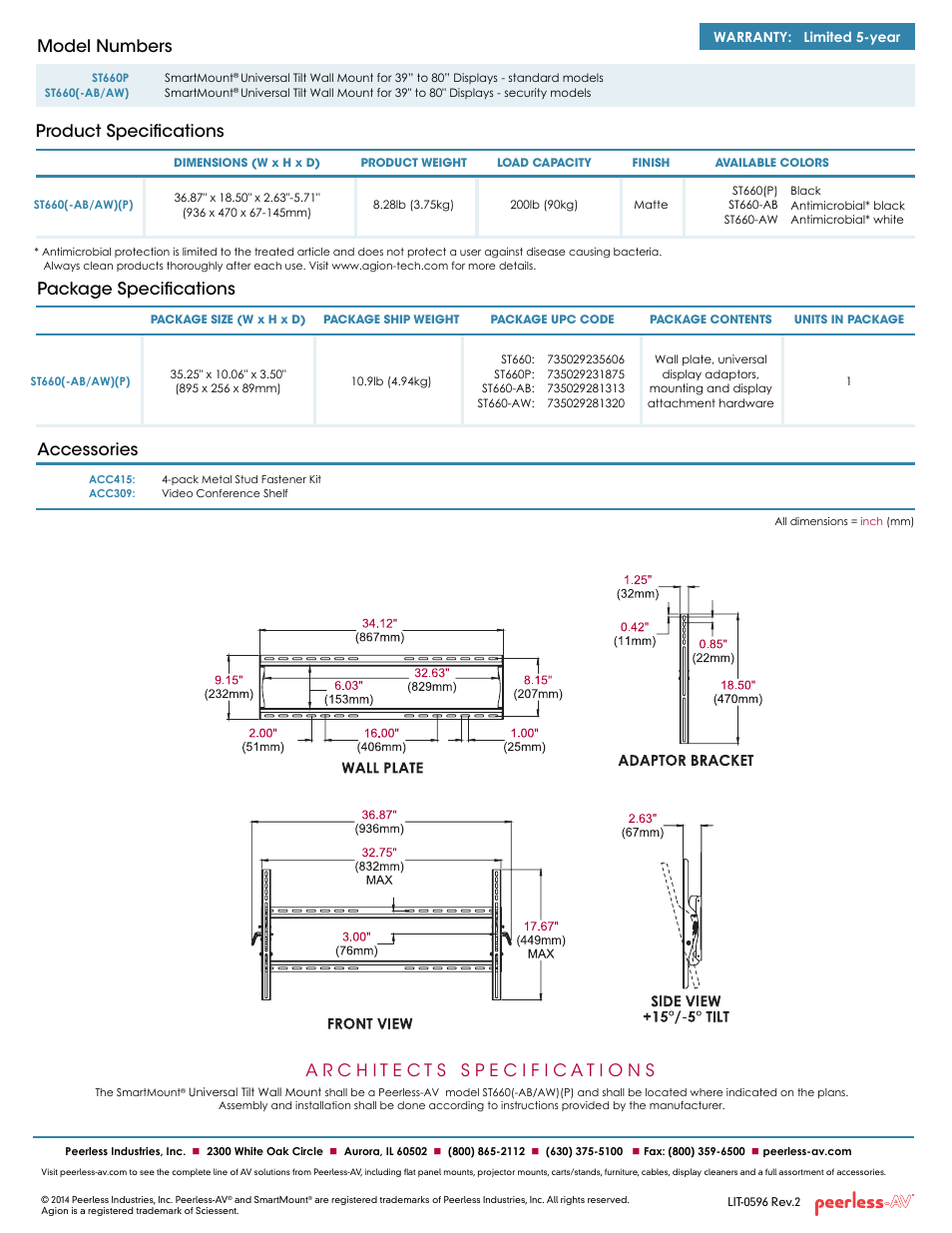 Package specifications accessories, Product specifications model numbers | Peerless-AV ST660P  - Sell Sheet User Manual | Page 2 / 2