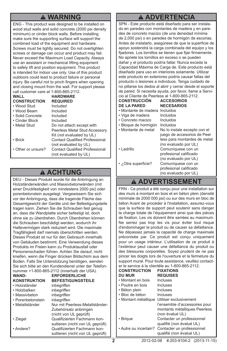 Warning, Advertencia, Advertissement | Achtung | Peerless-AV SA740P - Installation User Manual | Page 2 / 24