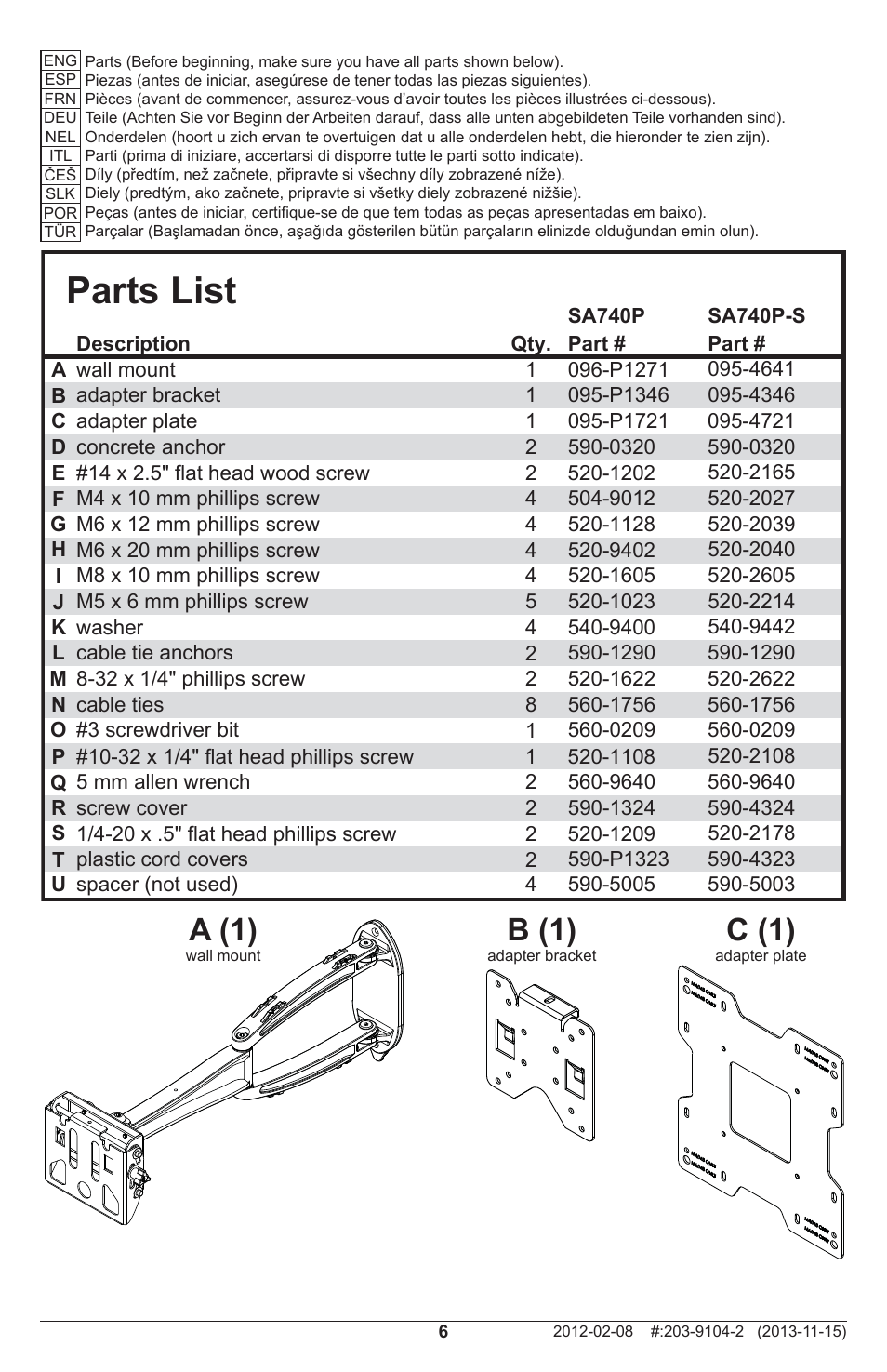Parts list, A (1), C (1) | B (1) | Peerless-AV SA740P - Installation User Manual | Page 6 / 24