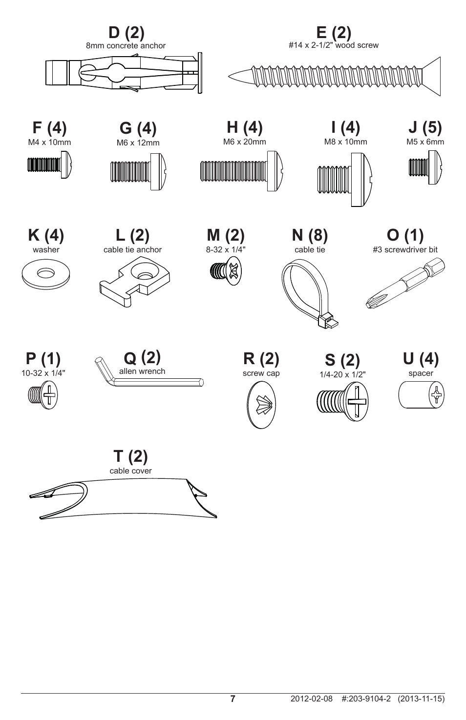 T (2), H (4), F (4) | G (4), I (4), J (5), K (4), L (2), N (8), M (2) | Peerless-AV SA740P - Installation User Manual | Page 7 / 24