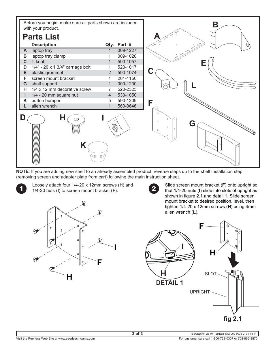 Parts list, Bl g | Peerless-AV ACC314 - Installation User Manual | Page 2 / 3