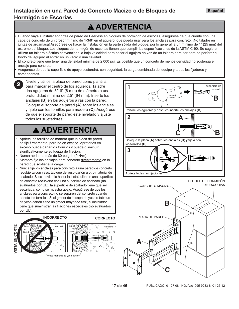 Advertencia, Ac b, Ba c | Peerless-AV PA740 - Installation User Manual | Page 17 / 46