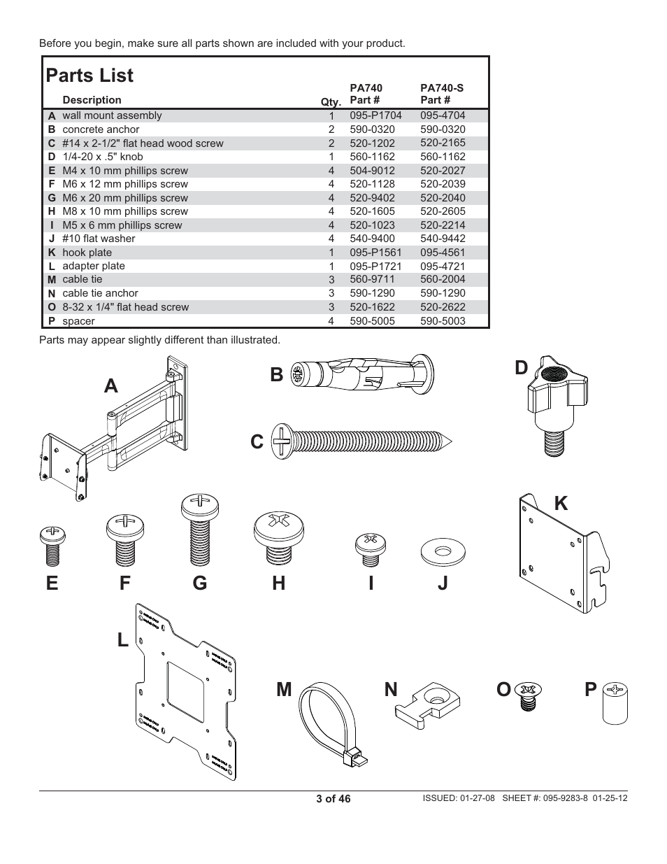 Parts list | Peerless-AV PA740 - Installation User Manual | Page 3 / 46