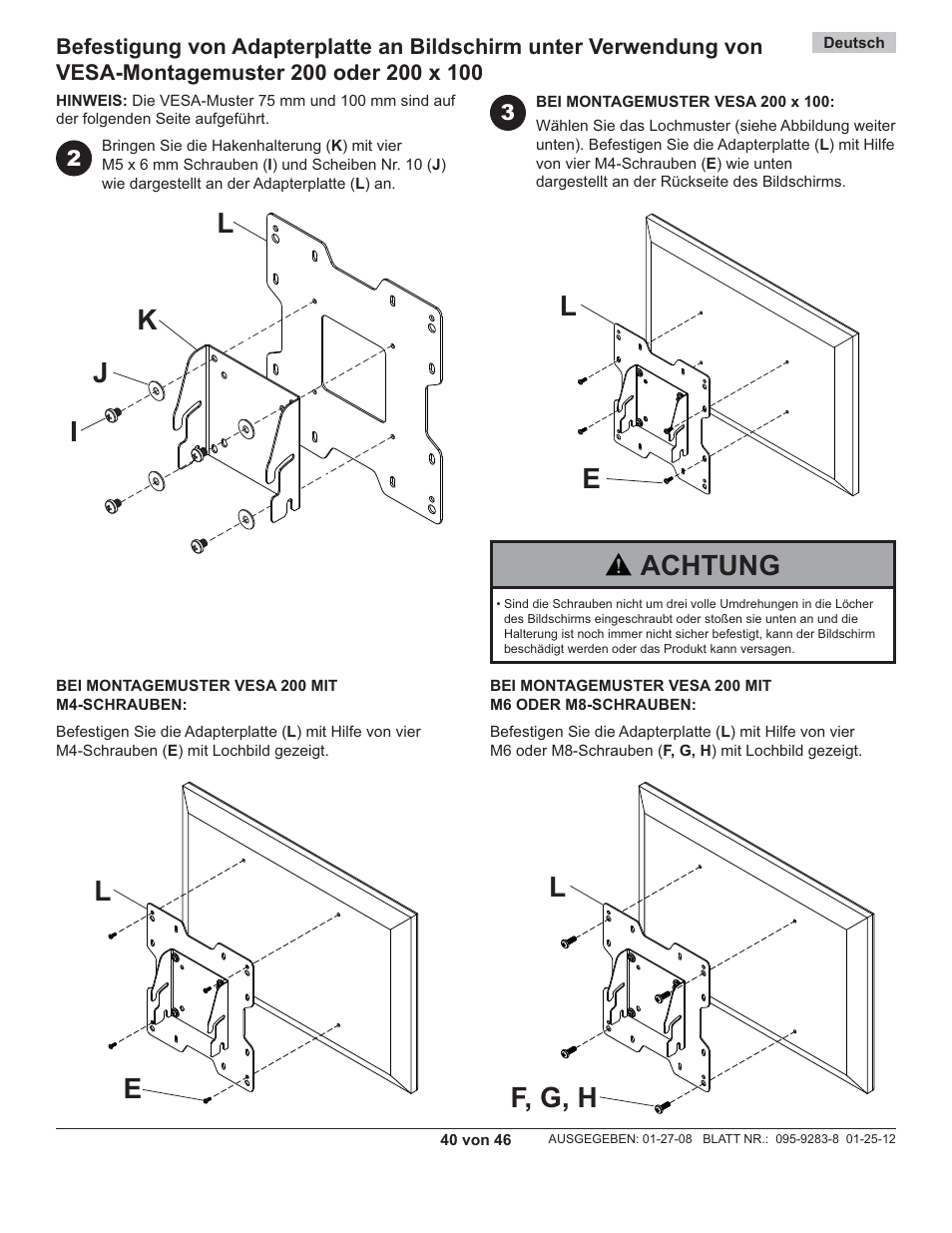 Achtung | Peerless-AV PA740 - Installation User Manual | Page 40 / 46