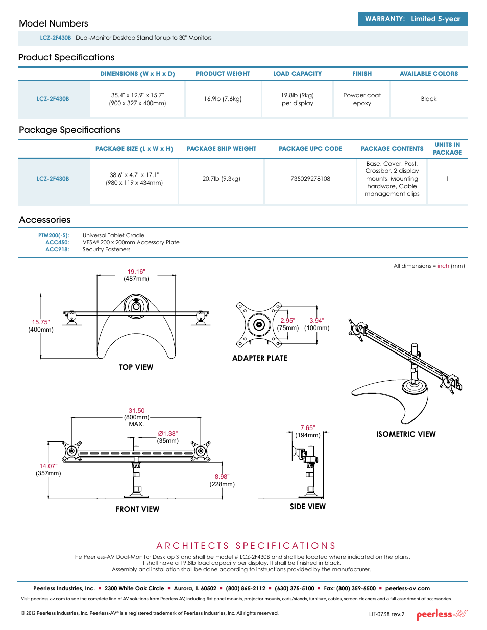 Package specifications, Product specifications model numbers, Accessories | Peerless-AV LCZ-2F430B  - Sell Sheet User Manual | Page 2 / 2