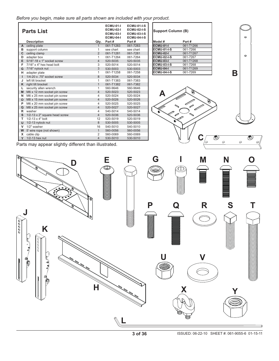 Parts list | Peerless-AV ECMU-04-I-S - Installation User Manual | Page 3 / 36