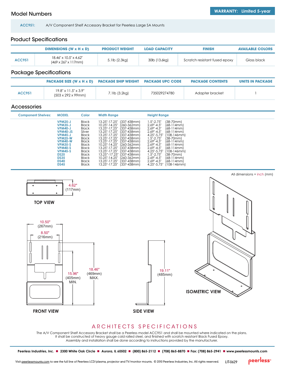 Package specifications, Product specifications model numbers, Accessories | Peerless-AV ACC951  - Sell Sheet User Manual | Page 2 / 2