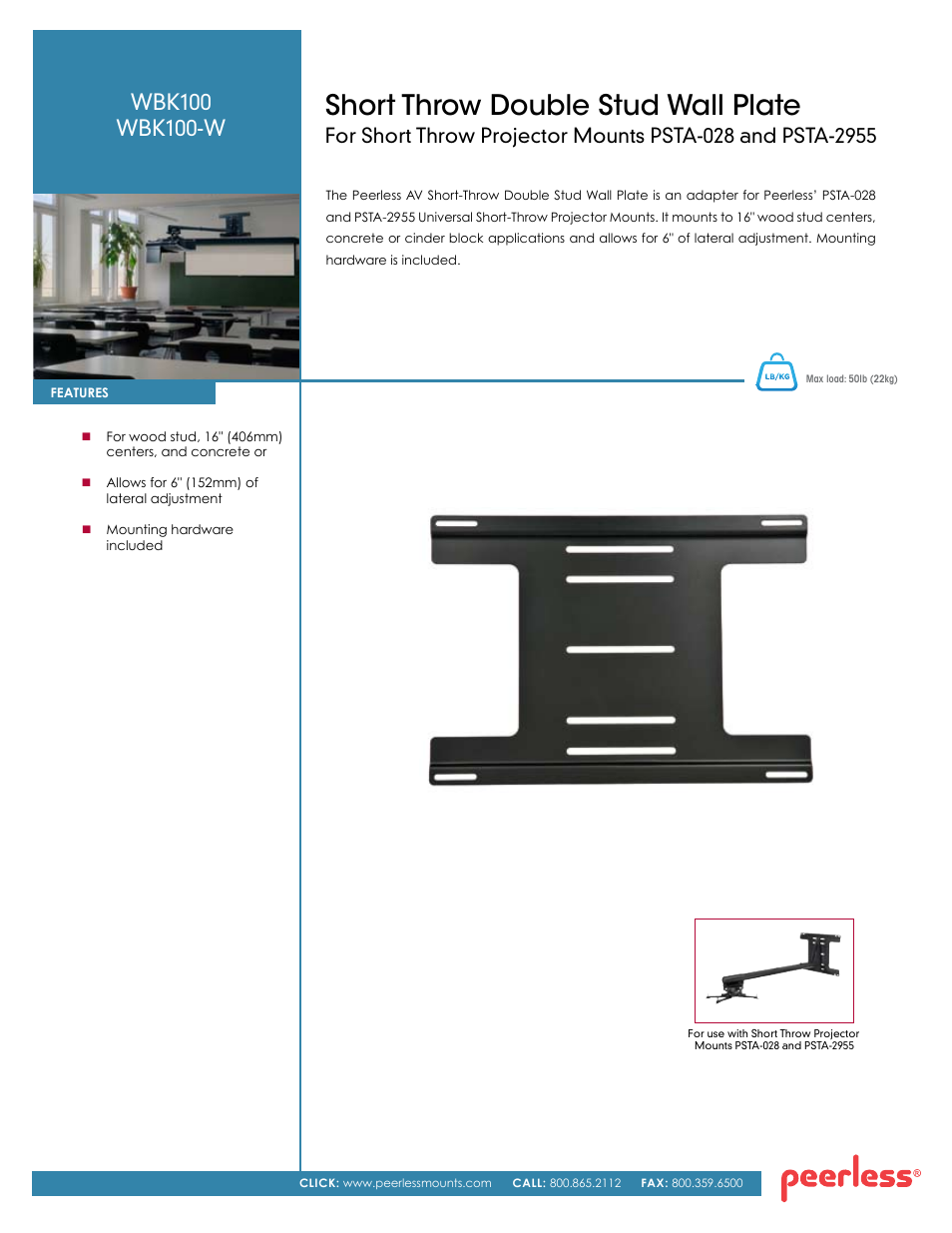 Peerless-AV WBK100-W  - Sell Sheet User Manual | 2 pages