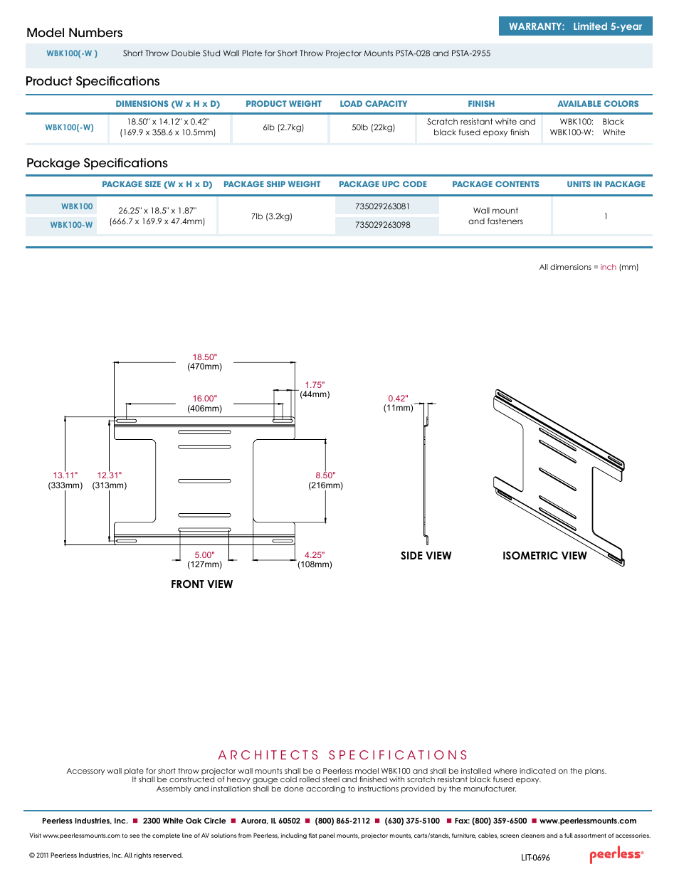 Isometric view front view side view | Peerless-AV WBK100-W  - Sell Sheet User Manual | Page 2 / 2