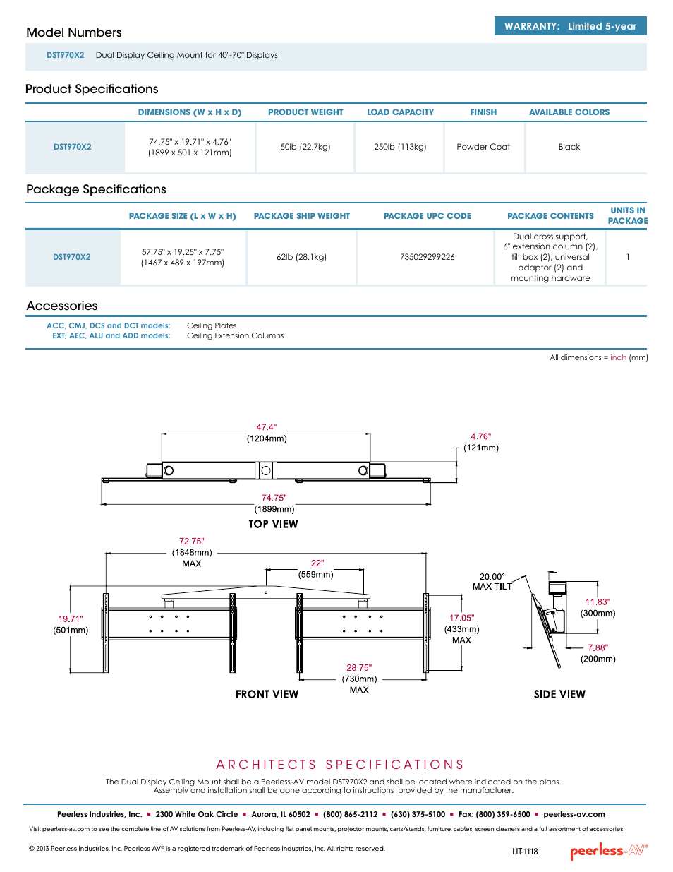 Product specifications model numbers, Package specifications, Accessories | Peerless-AV DST970X2  - Sell Sheet User Manual | Page 2 / 2