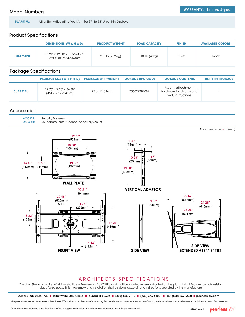 Package specifications accessories, Product specifications model numbers | Peerless-AV SUA751PU  - Sell Sheet User Manual | Page 2 / 2