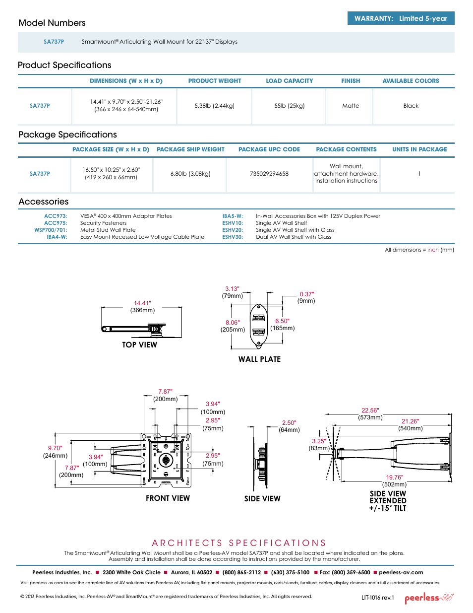 Package specifications accessories, Product specifications model numbers | Peerless-AV SA737P  - Sell Sheet User Manual | Page 2 / 2
