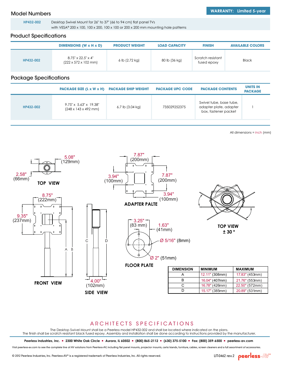 Package specifications, Product specifications model numbers | Peerless-AV HP432-002-S  - Sell Sheet User Manual | Page 2 / 2