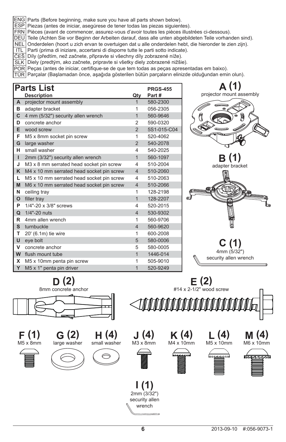 A (1), B (1), D (2) | E (2), G (2), H (4), F (1), J (4), K (4), L (4) | Peerless-AV PRGS-455 - Installation User Manual | Page 6 / 28