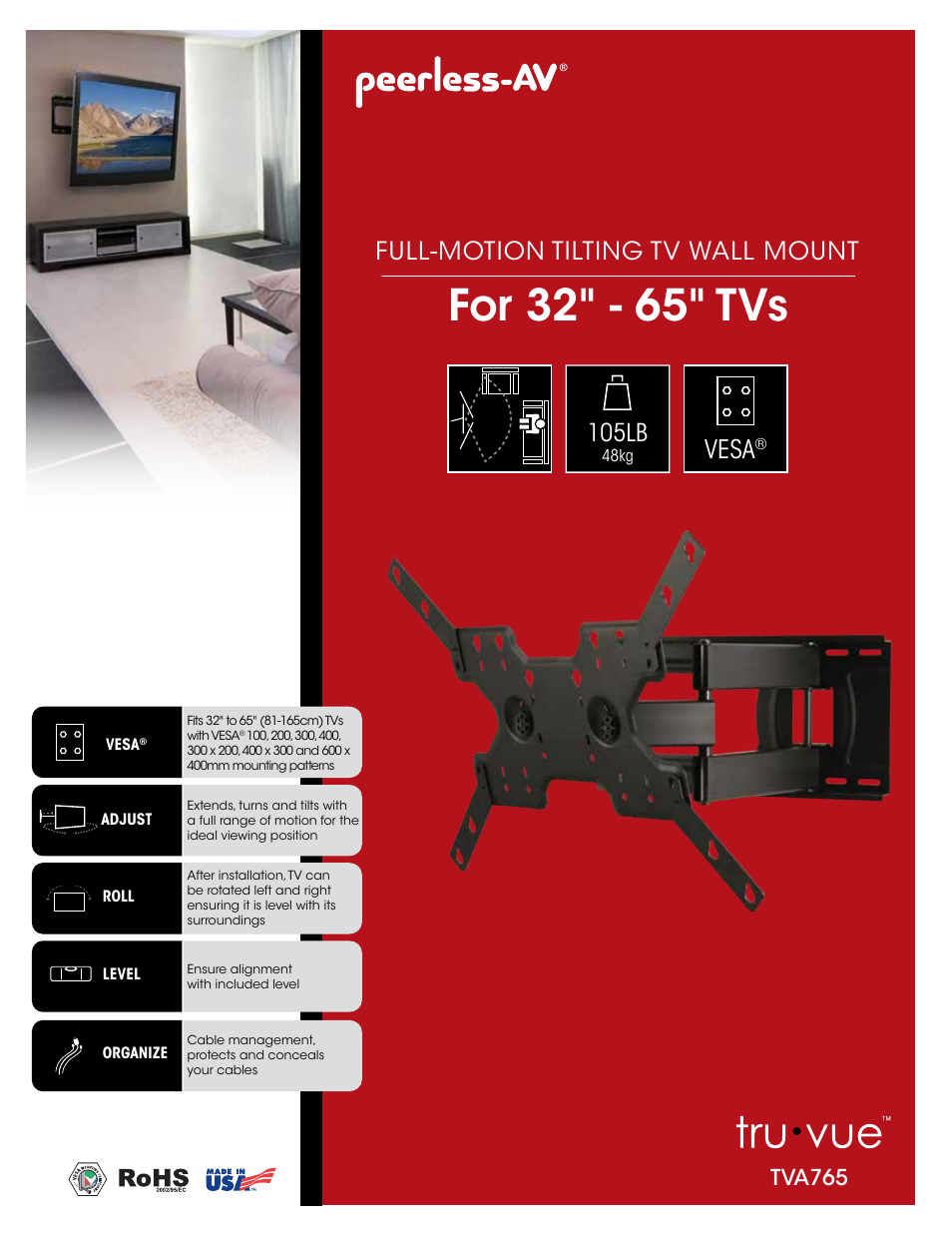 Peerless-AV TVA765  - Sell Sheet User Manual | 2 pages