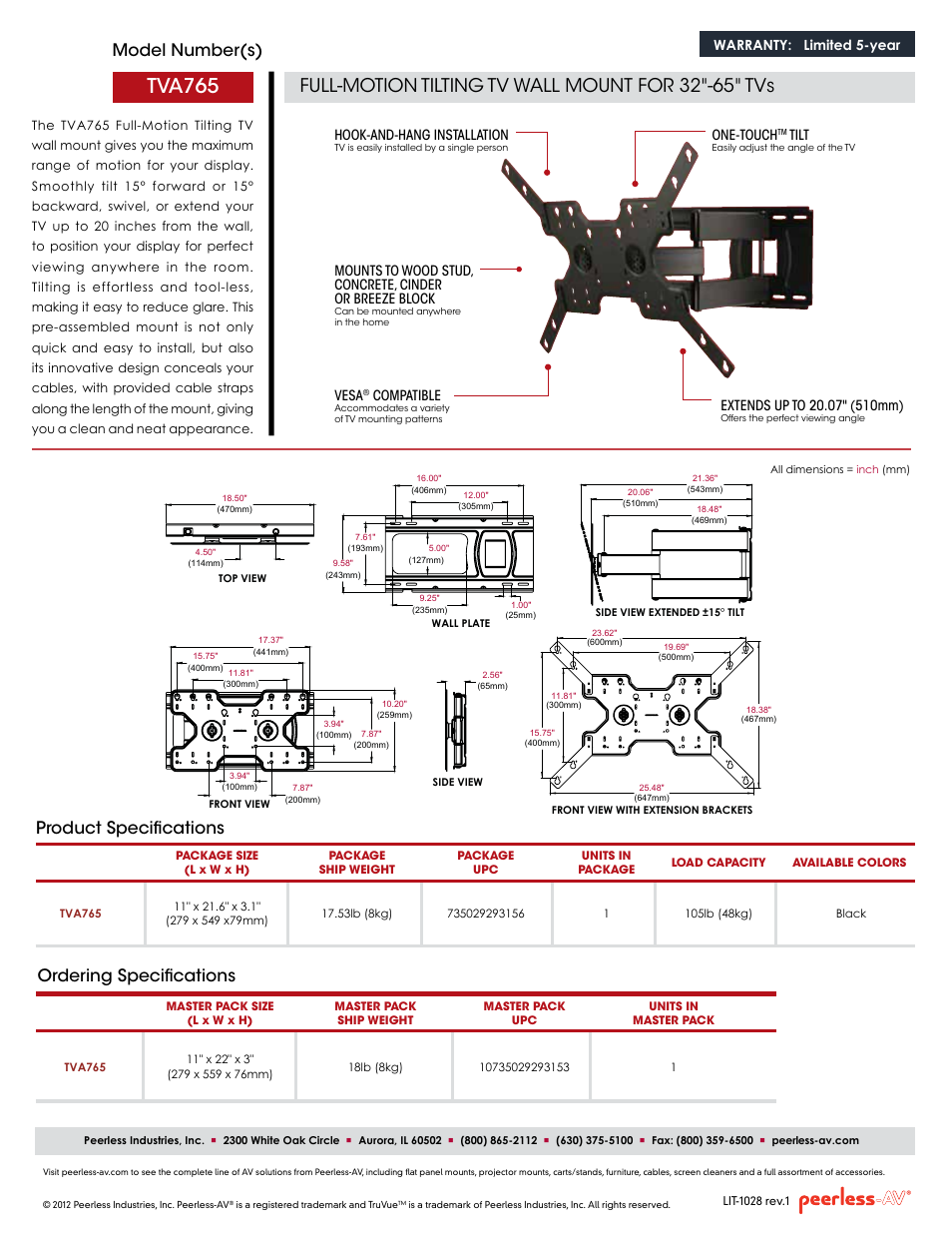 Tva765, Full-motion tilting tv wall mount for 32"-65" tvs, Model number(s) | Ordering specifications, Product specifications, Warranty: limited 5-year, Hook-and-hang installation, Vesa, Compatible, One-touch | Peerless-AV TVA765  - Sell Sheet User Manual | Page 2 / 2