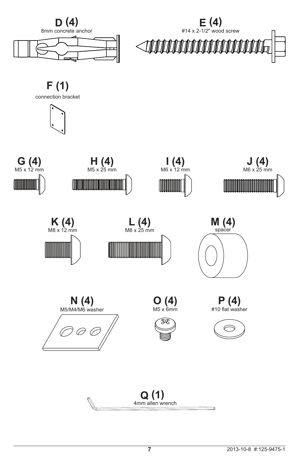 D (4), E (4), N (4) | M (4), O (4), P (4) q (1), F (1) g (4), H (4), I (4), J (4) | Peerless-AV DS-MB642L - Installation User Manual | Page 7 / 24