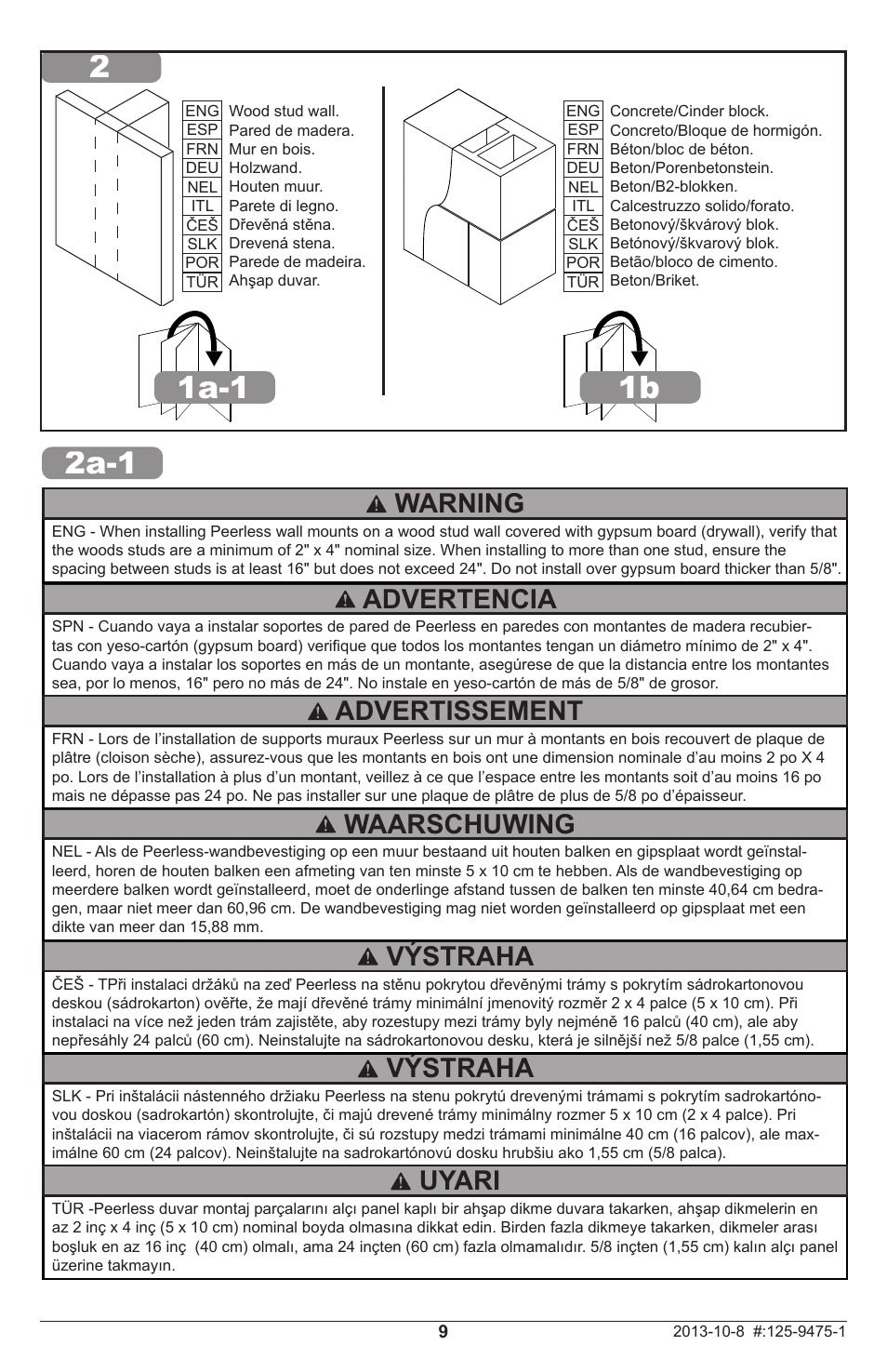 Výstraha, Advertencia, Waarschuwing | Advertissement, Uyari, Warning | Peerless-AV DS-MB642L - Installation User Manual | Page 9 / 24