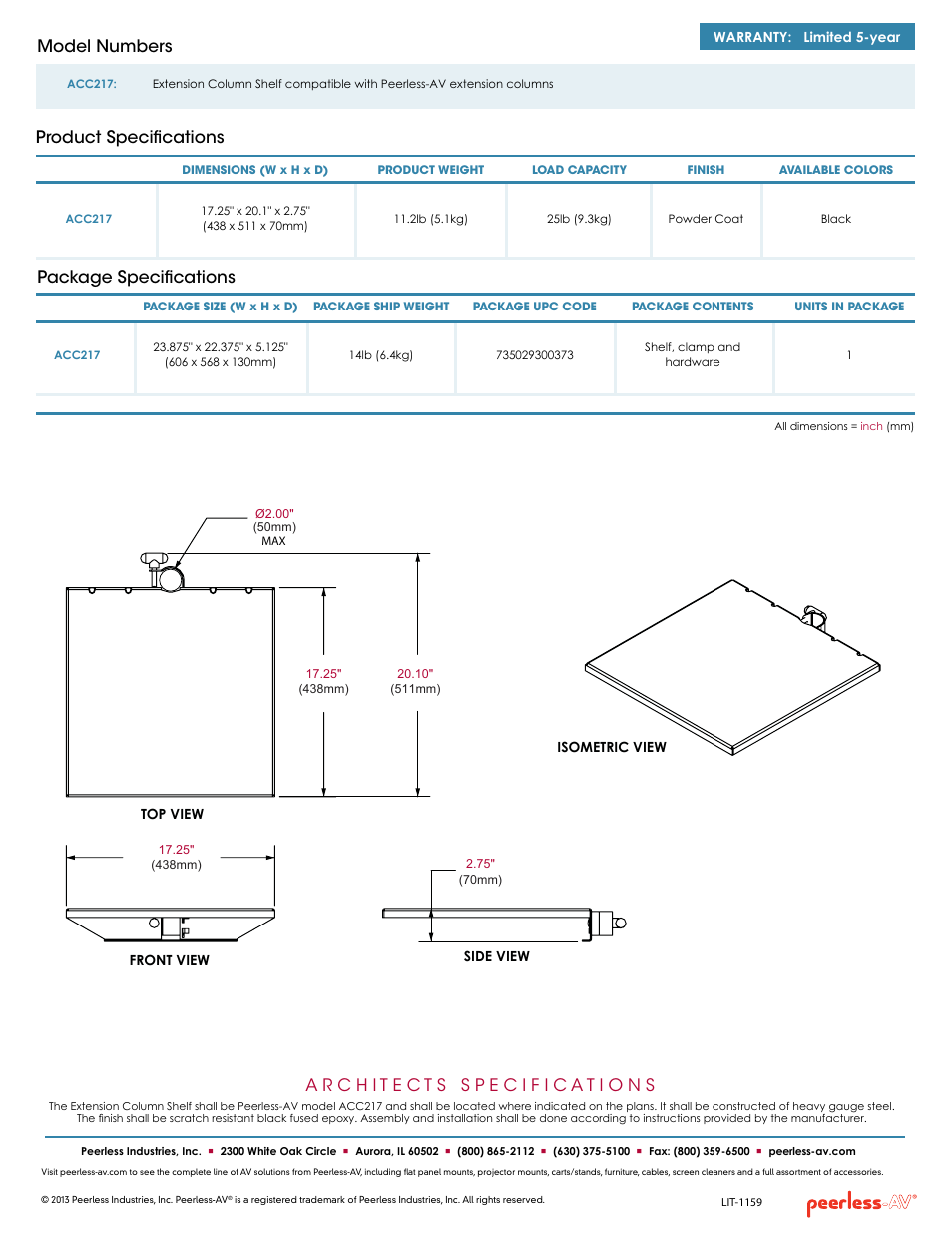 Package specifications, Product specifications model numbers | Peerless-AV ACC217  - Sell Sheet User Manual | Page 2 / 2