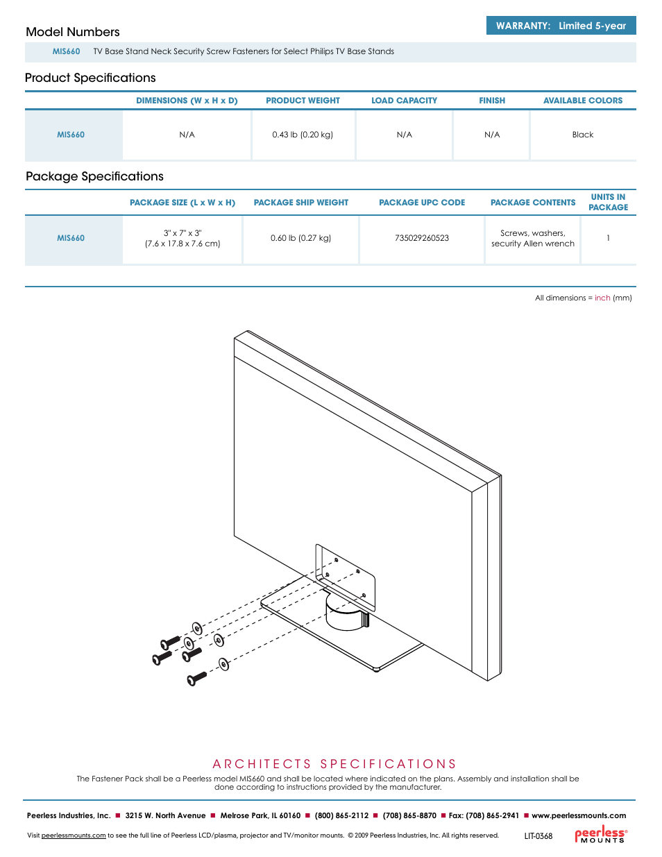Package specifications, Product specifications model numbers | Peerless-AV MIS660  - Sell Sheet User Manual | Page 2 / 2