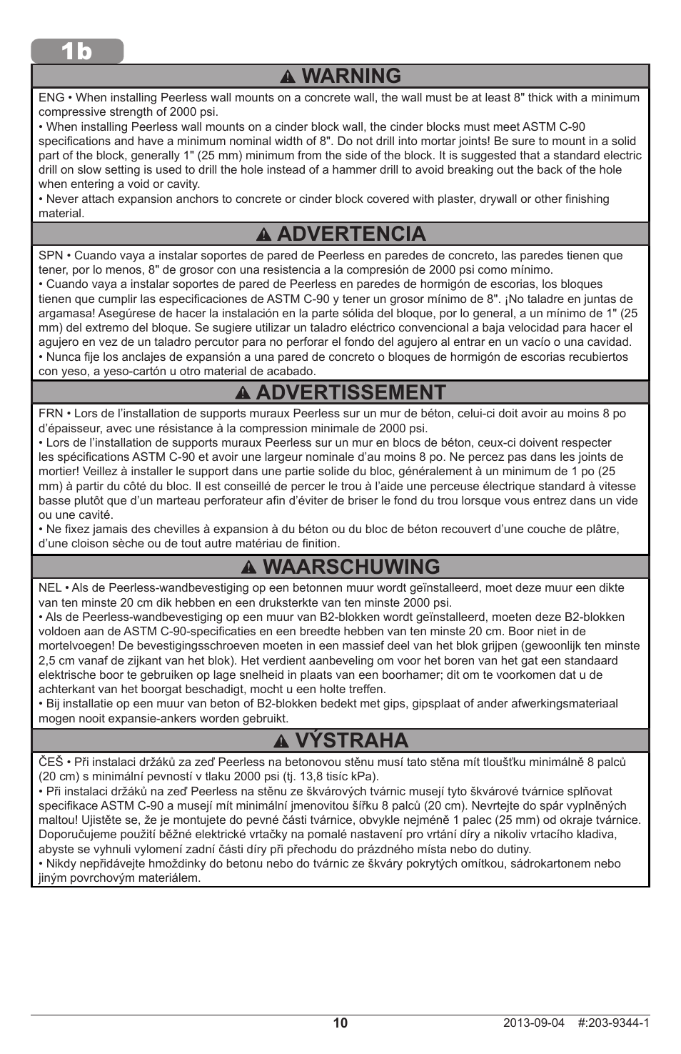 Warning, Waarschuwing, Advertissement | Advertencia, Výstraha | Peerless-AV SF24D - Installation User Manual | Page 10 / 20
