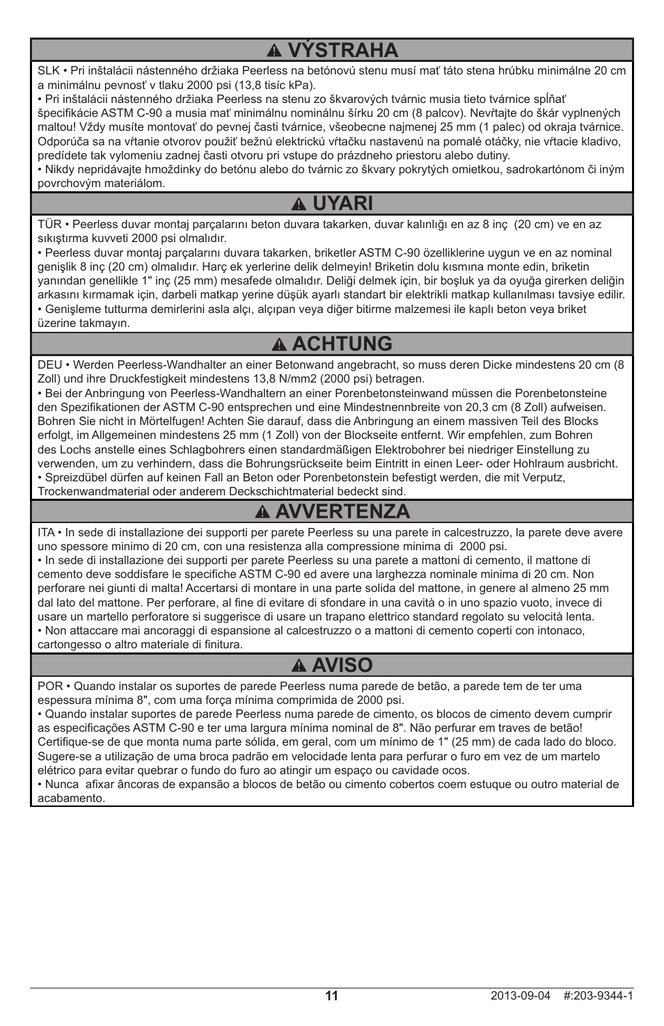 Uyari, Aviso, Výstraha | Avvertenza, Achtung | Peerless-AV SF24D - Installation User Manual | Page 11 / 20