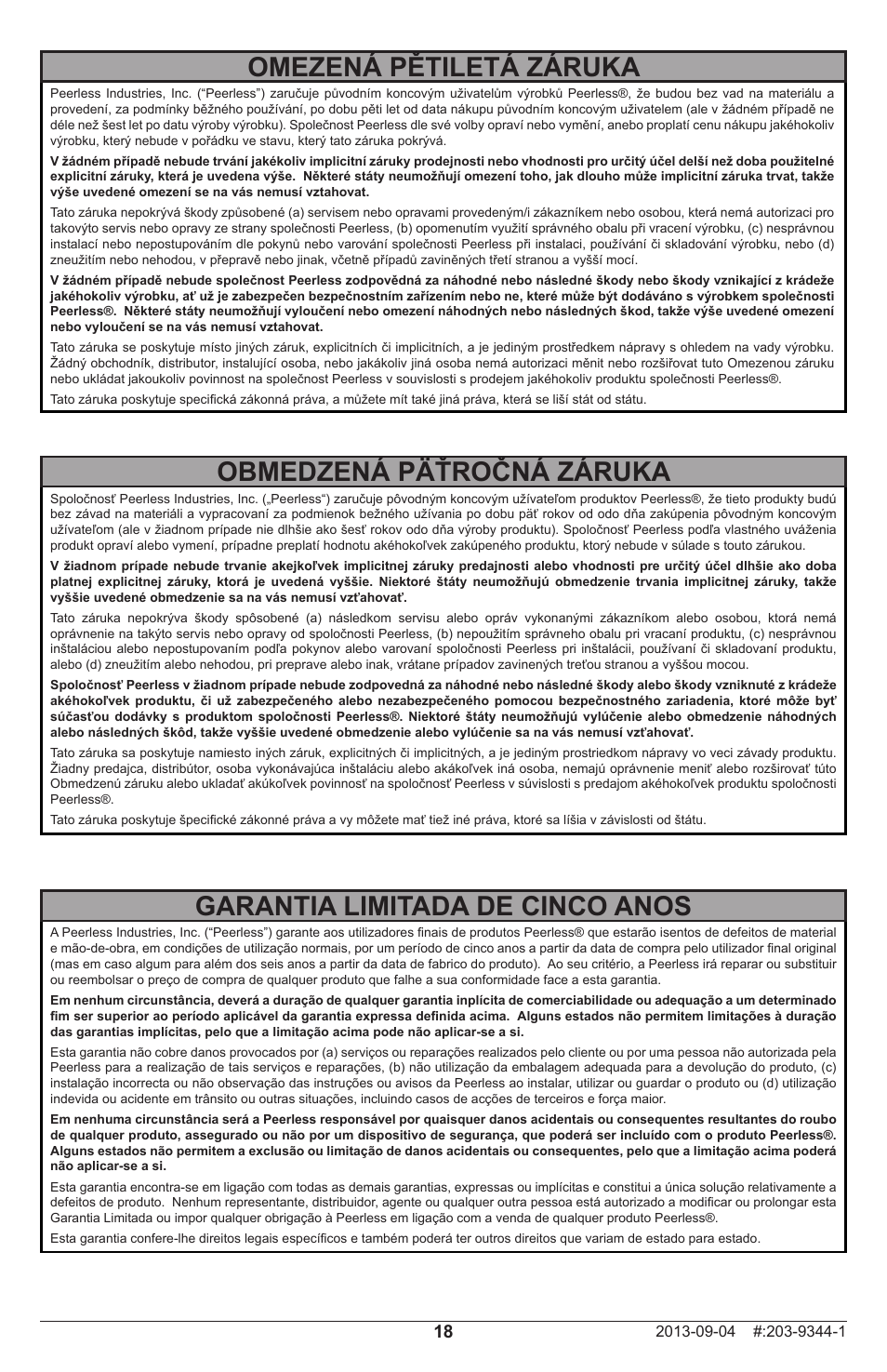 Omezená pětiletá záruka, Obmedzená päťročná záruka, Garantia limitada de cinco anos | Peerless-AV SF24D - Installation User Manual | Page 18 / 20