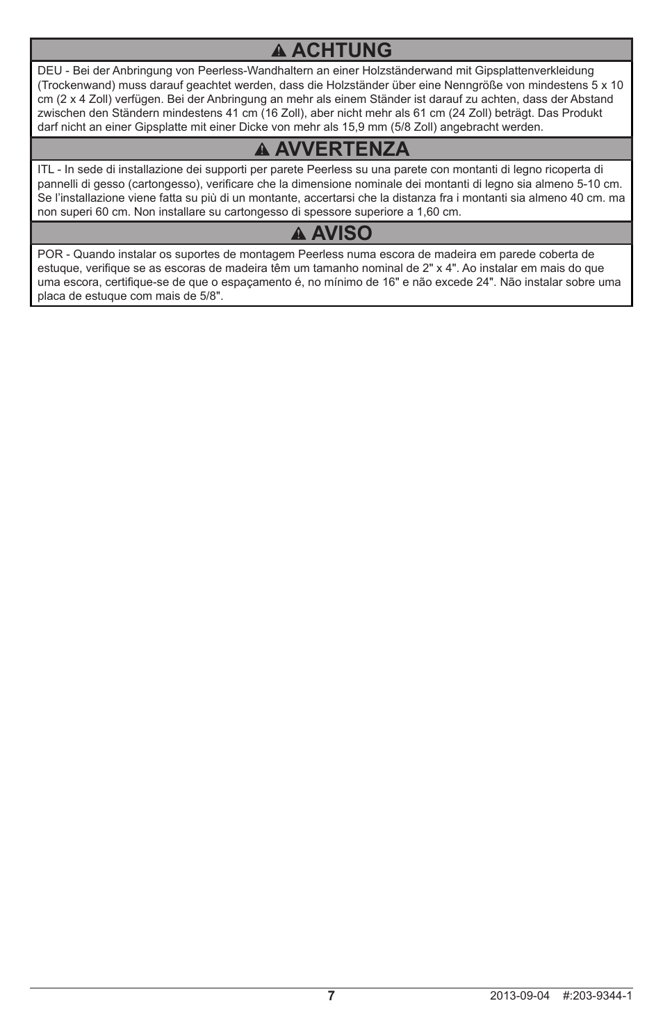 Achtung, Avvertenza, Aviso | Peerless-AV SF24D - Installation User Manual | Page 7 / 20
