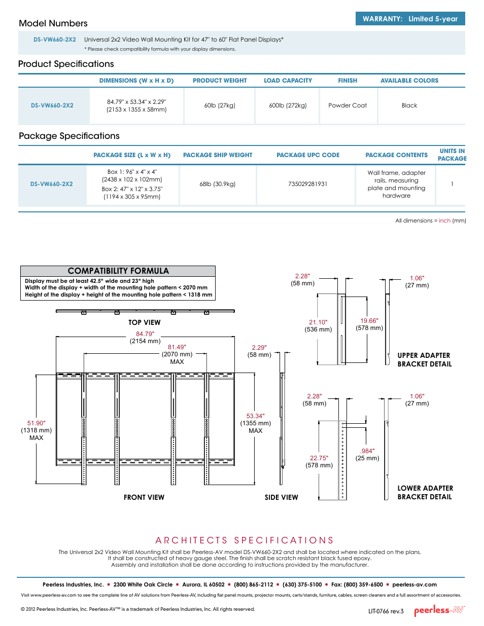 Product specifications model numbers, Package specifications, Compatibility formula | Peerless-AV DS-VW660-2X2  - Sell Sheet User Manual | Page 2 / 2