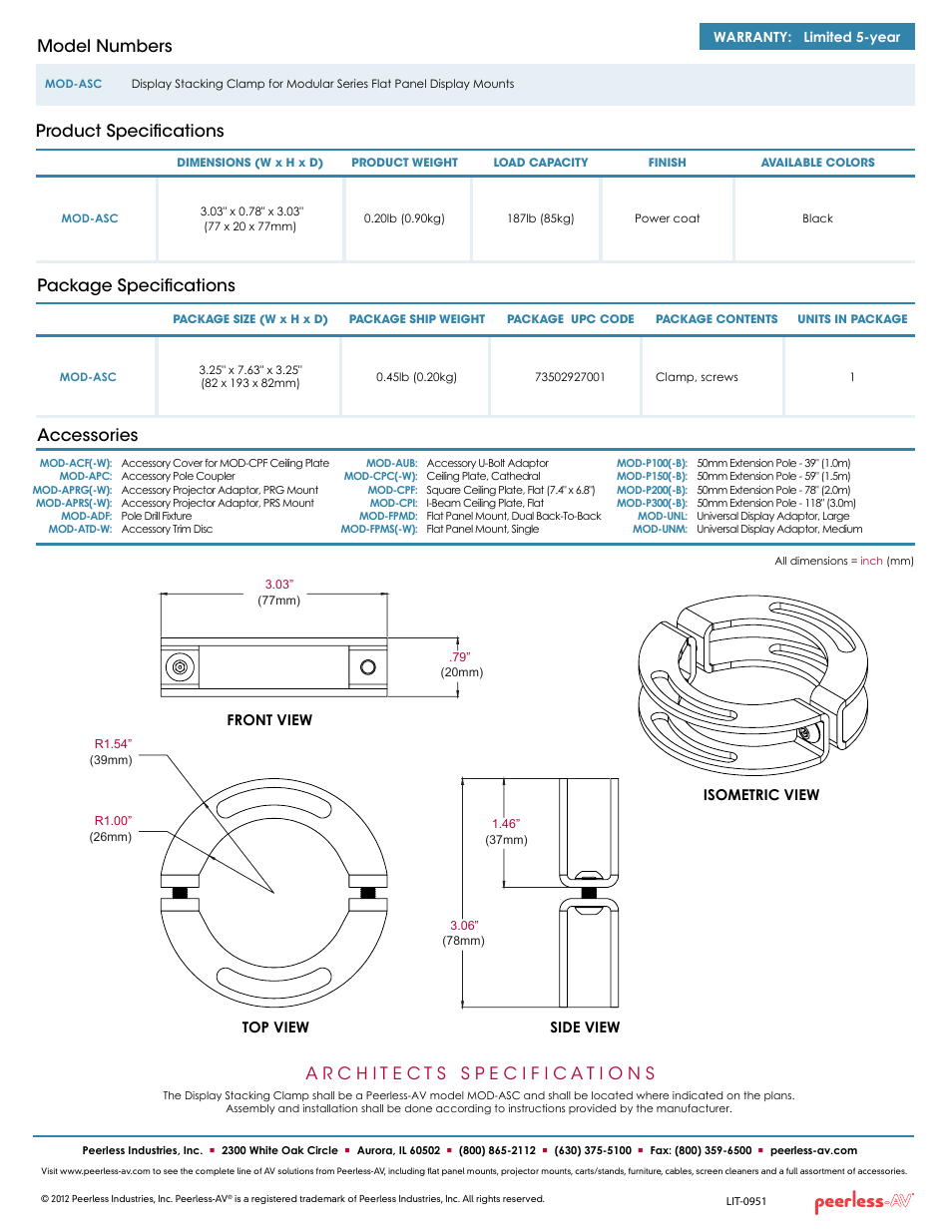 Package specifications, Product specifications model numbers, Accessories | Peerless-AV MOD-ASC  - Sell Sheet User Manual | Page 2 / 2