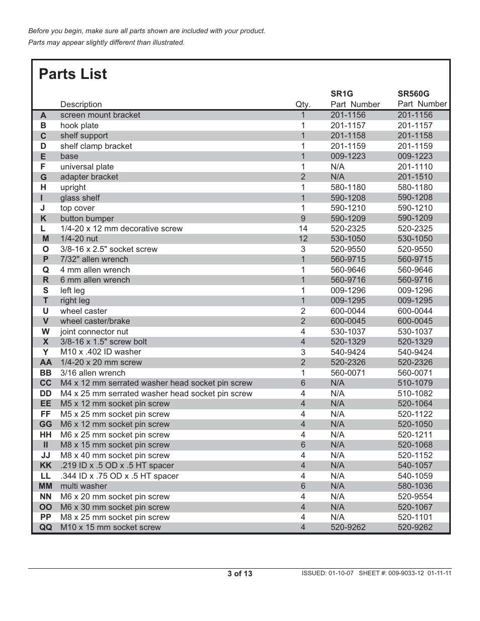 Parts list | Peerless-AV SR1G - Installation User Manual | Page 3 / 13