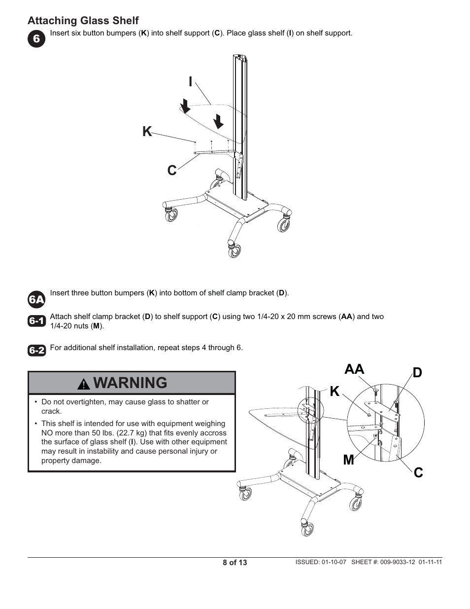 Warning, Ik c, Dc aa m | Peerless-AV SR1G - Installation User Manual | Page 8 / 13