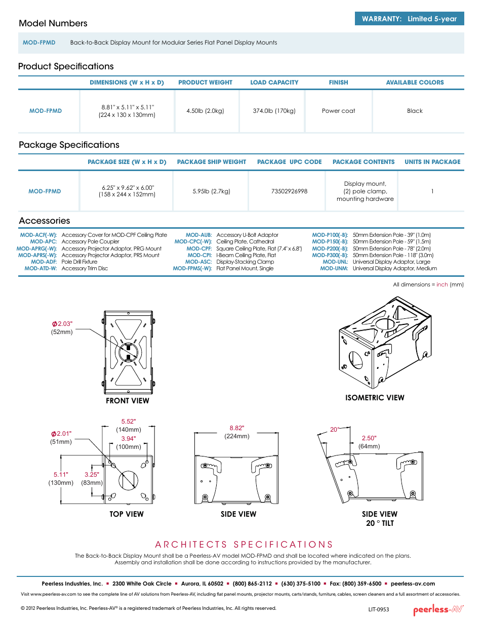 Package specifications, Product specifications model numbers, Accessories | Peerless-AV MOD-FPMD  - Sell Sheet User Manual | Page 2 / 2