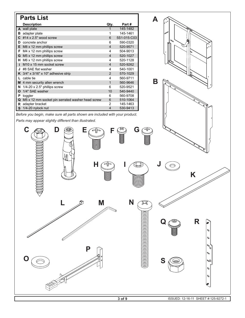 Parts list | Peerless-AV DST660 - Installation User Manual | Page 3 / 9