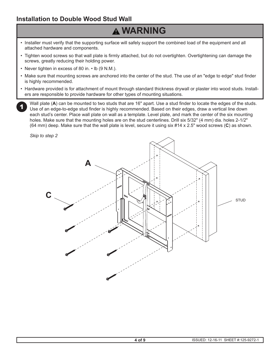 Warning, Installation to double wood stud wall | Peerless-AV DST660 - Installation User Manual | Page 4 / 9