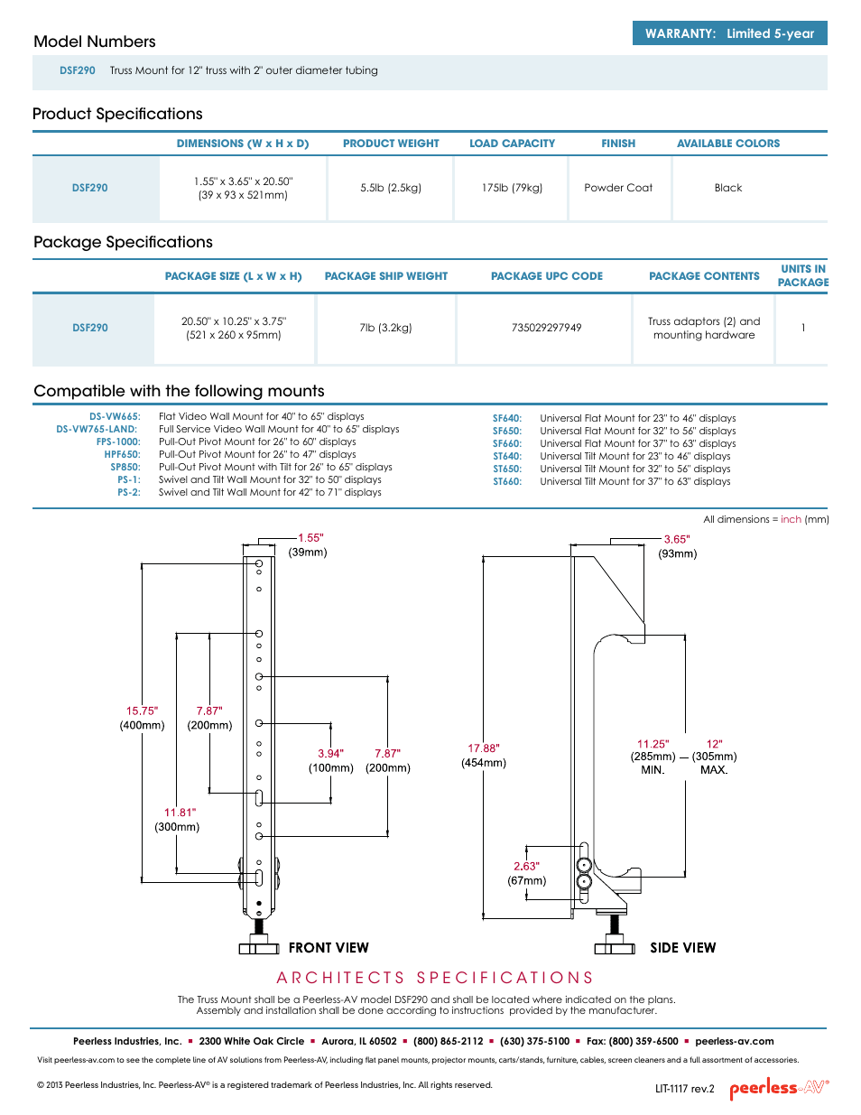 Product specifications model numbers, Package specifications, Compatible with the following mounts | Peerless-AV DSF290  - Sell Sheet User Manual | Page 2 / 2