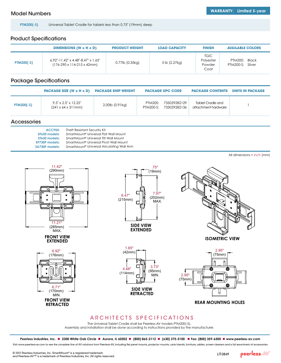 Package specifications, Product specifications model numbers, Accessories | Peerless-AV PTM200-S  - Sell Sheet User Manual | Page 2 / 2