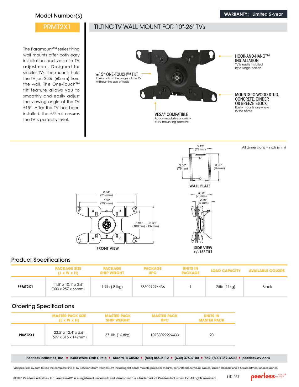 Prmt2x1, Tilting tv wall mount for 10"-26" tvs, Model number(s) | Ordering specifications, Product specifications | Peerless-AV PRMT2X1  - Sell Sheet User Manual | Page 2 / 2