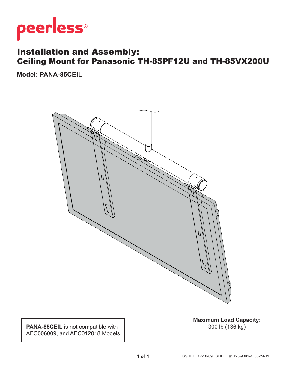 Peerless-AV PANA-85CEIL - Installation User Manual | 4 pages