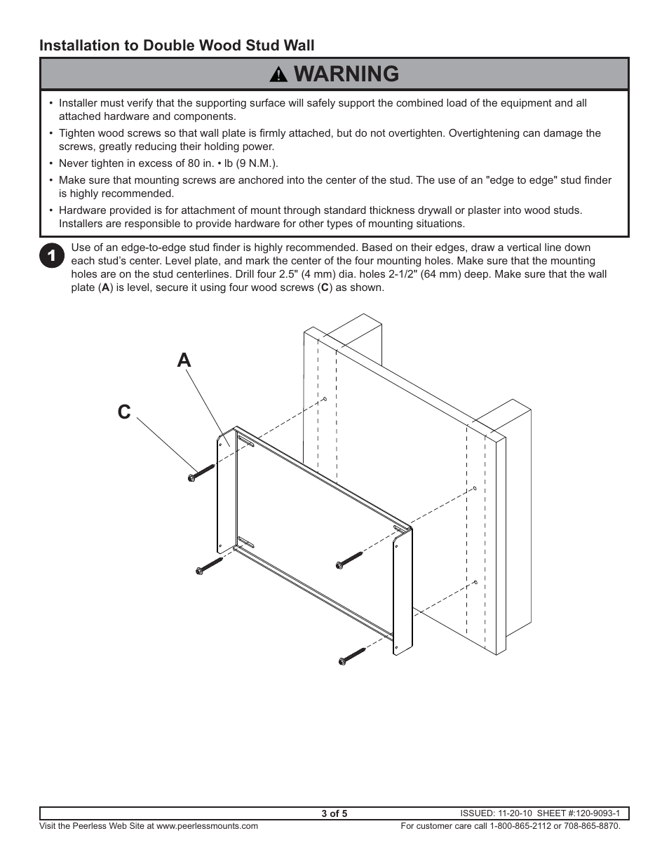 Warning, Installation to double wood stud wall | Peerless-AV ACC625 - Installation User Manual | Page 3 / 5