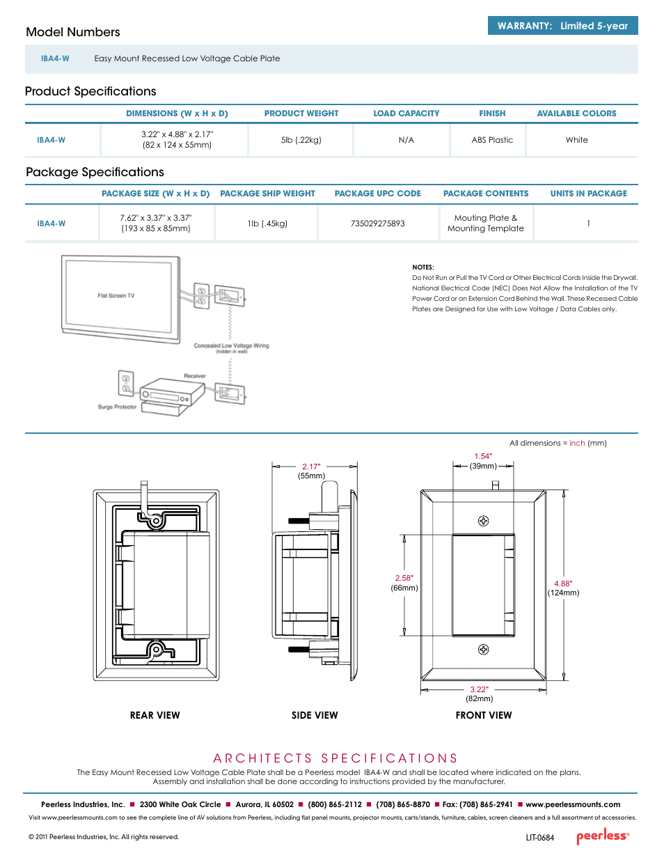 Package specifications, Product specifications model numbers | Peerless-AV IBA4-W  - Sell Sheet User Manual | Page 2 / 2