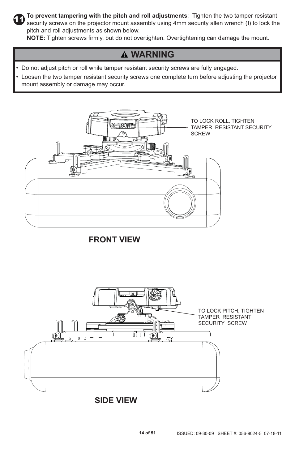 Warning, Front view side view | Peerless-AV PRG-UNV - Installation User Manual | Page 14 / 51