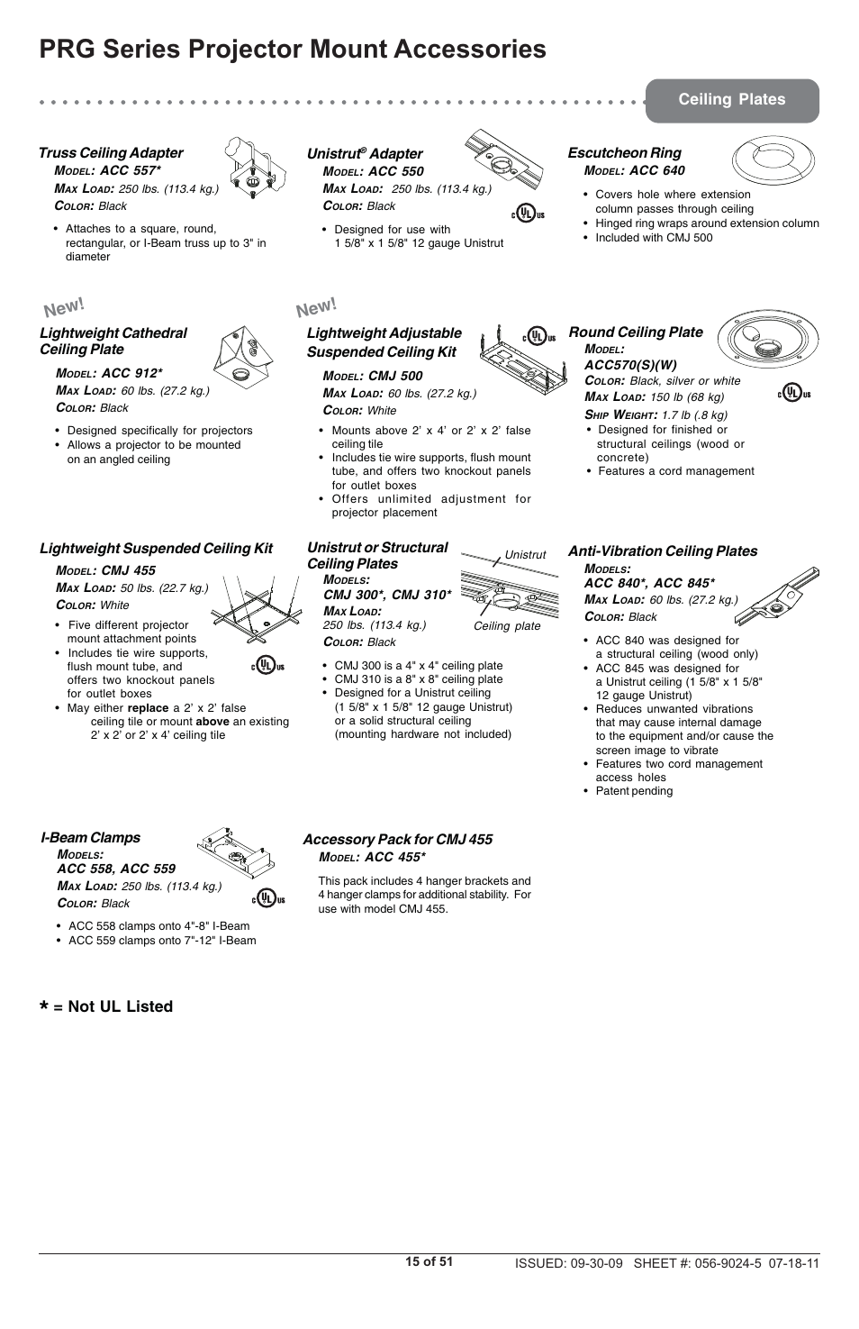 Prg series projector mount accessories, Ceiling plates, Not ul listed | Peerless-AV PRG-UNV - Installation User Manual | Page 15 / 51