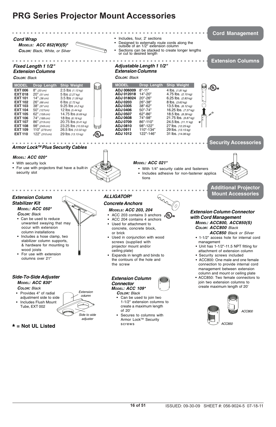 Prg series projector mount accessories, Not ul listed, Alligator | Concrete anchors, Cord wrap, Side-to-side adjuster, Armor lock, Plus security cables, Fixed length 1 1/2" extension columns, Adjustable length 1 1/2" extension columns | Peerless-AV PRG-UNV - Installation User Manual | Page 16 / 51