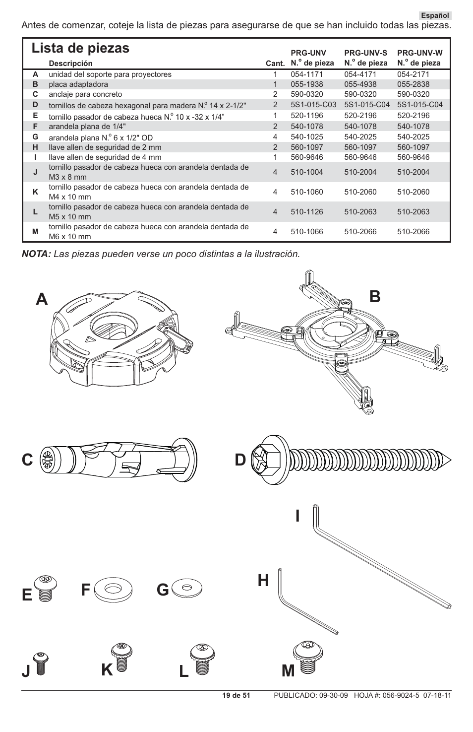 Lista de piezas | Peerless-AV PRG-UNV - Installation User Manual | Page 19 / 51